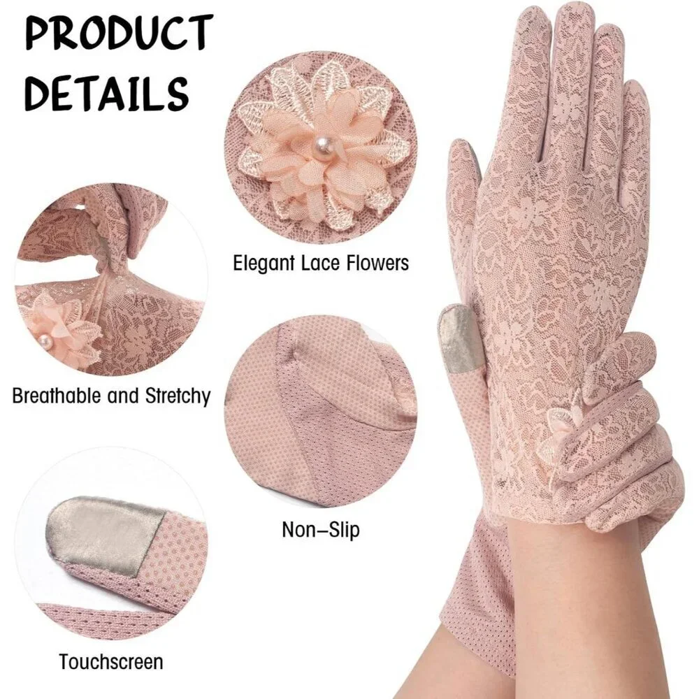 Women's Floral Pink Short Lace Gloves Wedding Halloween Cosplay Party Prom